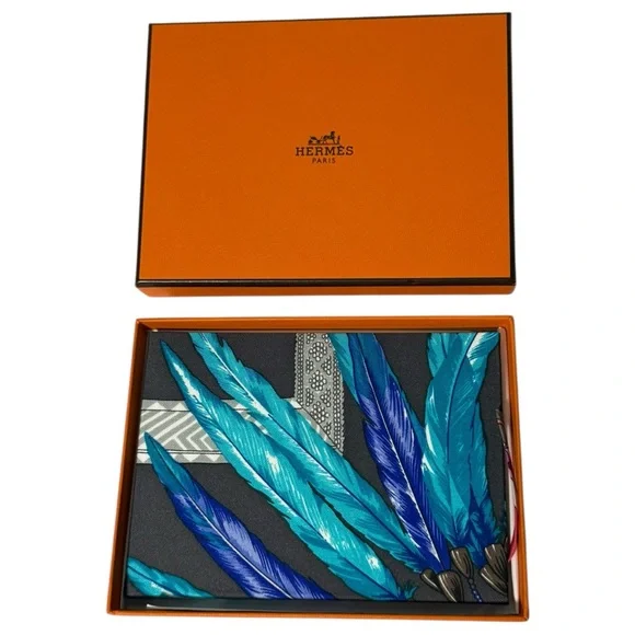 Hermes Brazil Silk Notebook Multicolor Blue Grey Feather Motif New With Box - Picture 2 of 8